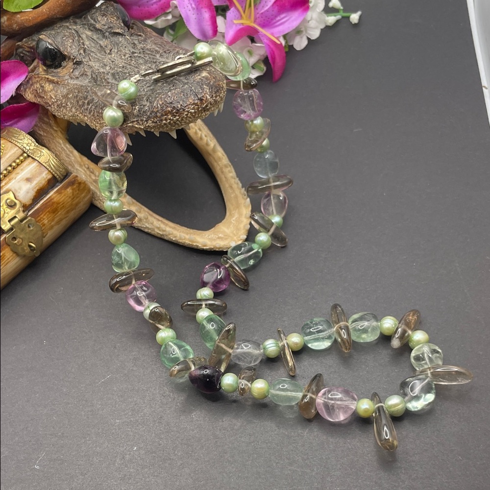 Fluorite, smoky quartz, and fresh water pearl necklace B58 🔥